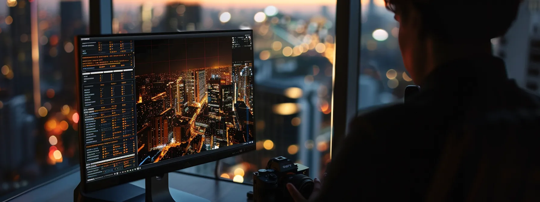 A person examines a computer screen showing enterprise search software, with a city skyline in the background.